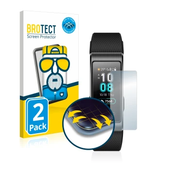 Vorderseite einer Produktverpackung mit dem Markenlogo BROTECT. Daneben ist das Gerät Huawei Band 4 Pro mit dem zugehörigen Di