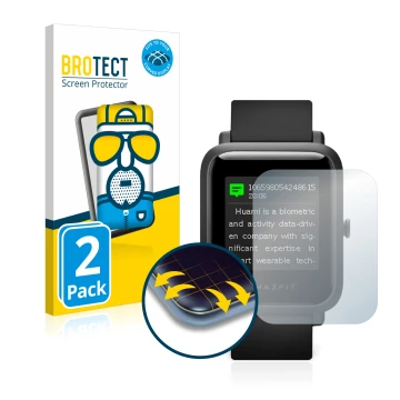 Vorderseite einer Produktverpackung mit dem Markenlogo BROTECT. Daneben ist das Gerät Huami Amazfit Bip S mit dem zugehörigen 
