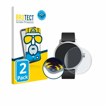 Vorderseite einer Produktverpackung mit dem Markenlogo BROTECT. Daneben ist das Gerät Withings ScanWatch (42 mm) mit dem zugeh