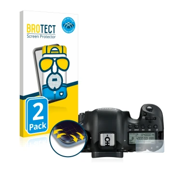 Vorderseite einer Produktverpackung mit dem Markenlogo BROTECT. Daneben ist das Gerät Canon EOS 6D Mark II (Schulterdisplay) m