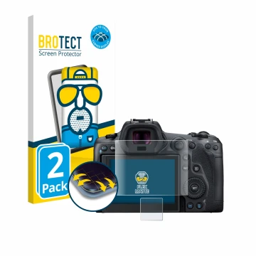 Vorderseite einer Produktverpackung mit dem Markenlogo BROTECT. Daneben ist das Gerät Canon EOS R5 mit dem zugehörigen Display