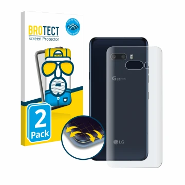 Vorderseite einer Produktverpackung mit dem Markenlogo BROTECT. Daneben ist das Gerät LG G8X ThinQ (Rückseite) mit dem zugehör