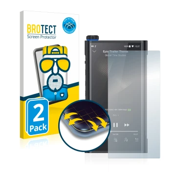 Vorderseite einer Produktverpackung mit dem Markenlogo BROTECT. Daneben ist das Gerät FiiO M15 mit dem zugehörigen Displayschu