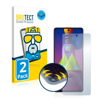 Vorderseite einer Produktverpackung mit dem Markenlogo BROTECT. Daneben ist das Gerät Samsung Galaxy M51 mit dem zugehörigen D