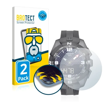 Vorderseite einer Produktverpackung mit dem Markenlogo BROTECT. Daneben ist das Gerät Tissot T-Touch Connect Solar mit dem zug