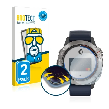 Vorderseite einer Produktverpackung mit dem Markenlogo BROTECT. Daneben ist das Gerät Garmin quatix 6 mit dem zugehörigen Disp