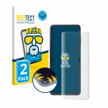Vorderseite einer Produktverpackung mit dem Markenlogo BROTECT. Daneben ist das Gerät Samsung Galaxy Z Flip 5G mit dem zugehör