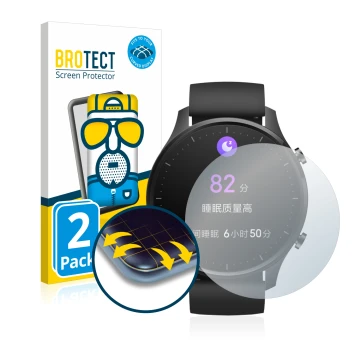 Vorderseite einer Produktverpackung mit dem Markenlogo BROTECT. Daneben ist das Gerät Xiaomi Mi Watch Revolve mit dem zugehöri