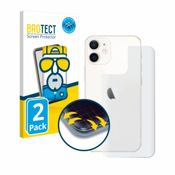 Vorderseite einer Produktverpackung mit dem Markenlogo BROTECT. Daneben ist das Gerät Apple iPhone 12 mini (Rückseite) mit dem