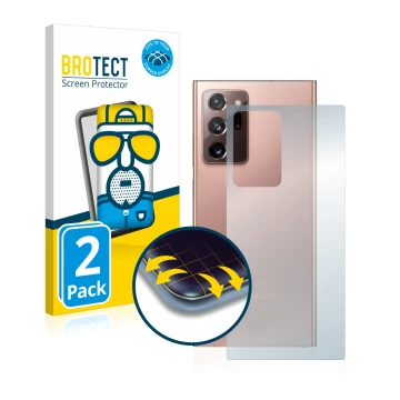 Vorderseite einer Produktverpackung mit dem Markenlogo BROTECT. Daneben ist das Gerät Samsung Galaxy Note 20 Ultra (Rückseite)