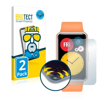 Vorderseite einer Produktverpackung mit dem Markenlogo BROTECT. Daneben ist das Gerät Huawei Watch Fit mit dem zugehörigen Dis