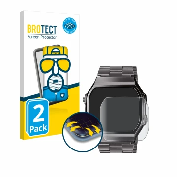 Vorderseite einer Produktverpackung mit dem Markenlogo BROTECT. Daneben ist das Gerät Casio A168WEGG-1BEF mit dem zugehörigen 