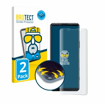 Vorderseite einer Produktverpackung mit dem Markenlogo BROTECT. Daneben ist das Gerät Sony Xperia 5 II mit dem zugehörigen Dis