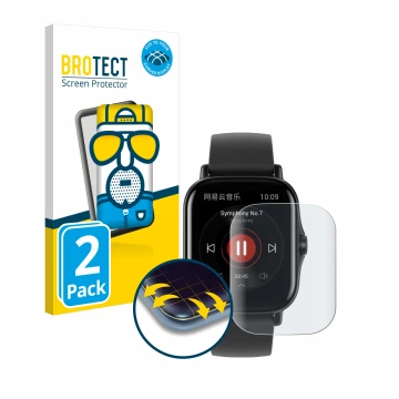 Vorderseite einer Produktverpackung mit dem Markenlogo BROTECT. Daneben ist das Gerät Huami Amazfit GTS 2 mit dem zugehörigen 