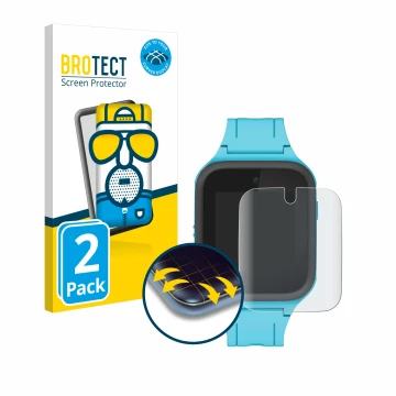 Vorderseite einer Produktverpackung mit dem Markenlogo BROTECT. Daneben ist das Gerät TCL Movetime FamilyWatch Kids MT40X mit 