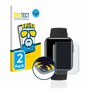 Vorderseite einer Produktverpackung mit dem Markenlogo BROTECT. Daneben ist das Gerät Xiaomi Mi Watch Lite mit dem zugehörigen