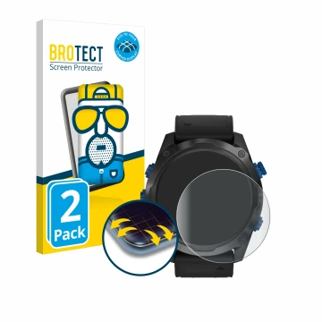 Vorderseite einer Produktverpackung mit dem Markenlogo BROTECT. Daneben ist das Gerät Garmin Descent Mk2i mit dem zugehörigen 