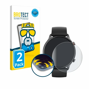 Vorderseite einer Produktverpackung mit dem Markenlogo BROTECT. Daneben ist das Gerät Huami Amazfit GTR 2e mit dem zugehörigen