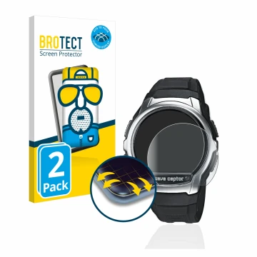 Vorderseite einer Produktverpackung mit dem Markenlogo BROTECT. Daneben ist das Gerät Casio Wave Ceptor WV-58 mit dem zugehöri