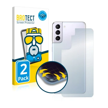 Vorderseite einer Produktverpackung mit dem Markenlogo BROTECT. Daneben ist das Gerät Samsung Galaxy S21 5G (Rückseite) mit de