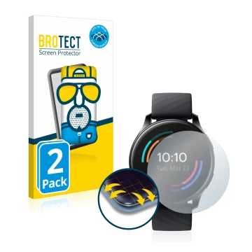 Vorderseite einer Produktverpackung mit dem Markenlogo BROTECT. Daneben ist das Gerät OnePlus Watch mit dem zugehörigen Displa