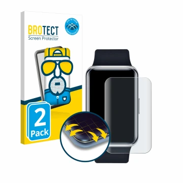 Vorderseite einer Produktverpackung mit dem Markenlogo BROTECT. Daneben ist das Gerät Huawei Watch Fit Elegant mit dem zugehör