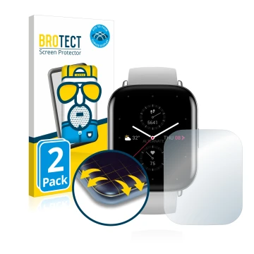 Vorderseite einer Produktverpackung mit dem Markenlogo BROTECT. Daneben ist das Gerät Huami Amazfit Zepp E Square mit dem zuge