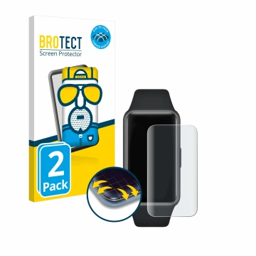 Vorderseite einer Produktverpackung mit dem Markenlogo BROTECT. Daneben ist das Gerät Huawei Band 6 mit dem zugehörigen Displa