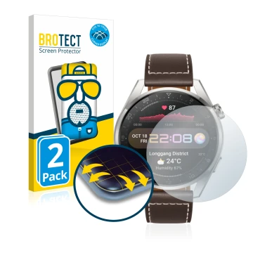 Vorderseite einer Produktverpackung mit dem Markenlogo BROTECT. Daneben ist das Gerät Huawei Watch 3 Pro mit dem zugehörigen D