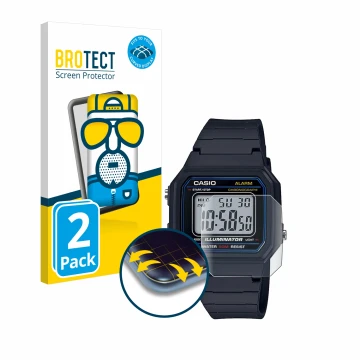 Vorderseite einer Produktverpackung mit dem Markenlogo BROTECT. Daneben ist das Gerät Casio Unisex W-800H-1BVES mit dem zugehö