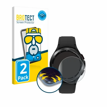 Vorderseite einer Produktverpackung mit dem Markenlogo BROTECT. Daneben ist das Gerät Samsung Galaxy Watch 4 Classic (46mm) mi