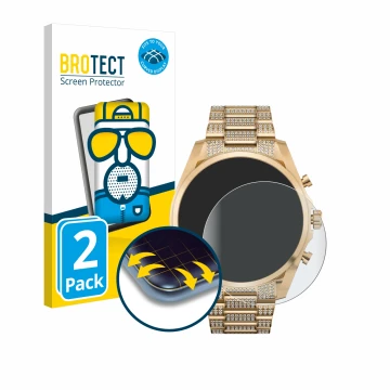 Vorderseite einer Produktverpackung mit dem Markenlogo BROTECT. Daneben ist das Gerät Michael Kors Access Gen 6 Bradshaw mit d
