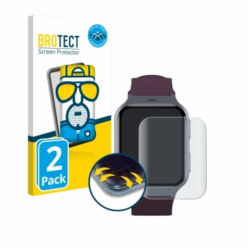 Vorderseite einer Produktverpackung mit dem Markenlogo BROTECT. Daneben ist das Gerät TCL Safety Watch MT43AX mit dem zugehöri