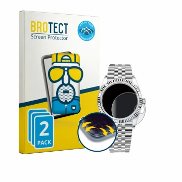 Vorderseite einer Produktverpackung mit dem Markenlogo BROTECT. Daneben ist das Gerät Rolex Datejust 36 mit dem zugehörigen Di