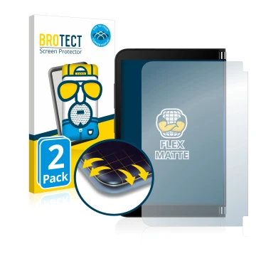 Vorderseite einer Produktverpackung mit dem Markenlogo BROTECT. Daneben ist das Gerät Microsoft Surface Duo 2 (Äußeres Display