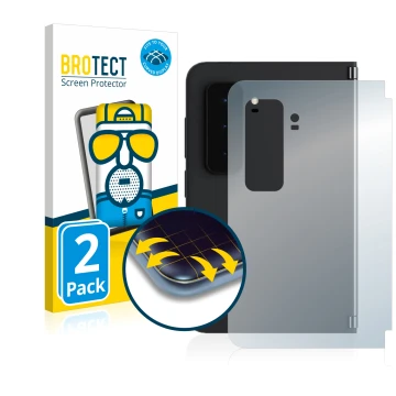 Vorderseite einer Produktverpackung mit dem Markenlogo BROTECT. Daneben ist das Gerät Microsoft Surface Duo 2 (Rückseite) mit 