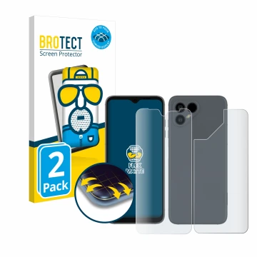 Vorderseite einer Produktverpackung mit dem Markenlogo BROTECT. Daneben ist das Gerät Fairphone 4 (Display+Rückseite) mit dem 