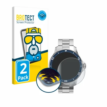Vorderseite einer Produktverpackung mit dem Markenlogo BROTECT. Daneben ist das Gerät Withings ScanWatch Horizon (43 mm) mit d