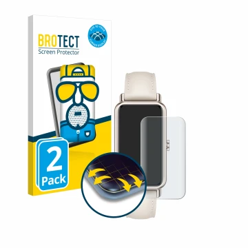 Vorderseite einer Produktverpackung mit dem Markenlogo BROTECT. Daneben ist das Gerät Huawei Watch Fit mini mit dem zugehörige
