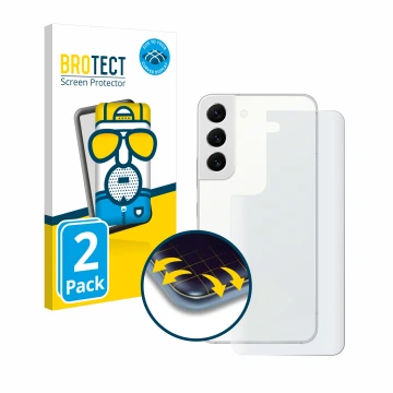 Vorderseite einer Produktverpackung mit dem Markenlogo BROTECT. Daneben ist das Gerät Samsung Galaxy S22 5G (Rückseite) mit de
