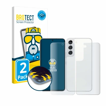 Vorderseite einer Produktverpackung mit dem Markenlogo BROTECT. Daneben ist das Gerät Samsung Galaxy S22 5G (Display+Rückseite