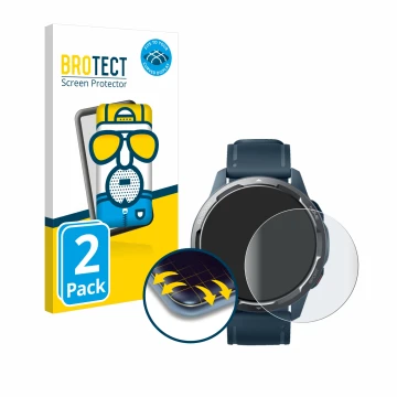 Vorderseite einer Produktverpackung mit dem Markenlogo BROTECT. Daneben ist das Gerät Xiaomi Watch S1 Active mit dem zugehörig