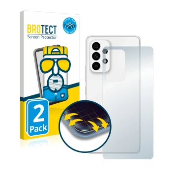 Vorderseite einer Produktverpackung mit dem Markenlogo BROTECT. Daneben ist das Gerät Samsung Galaxy A53 5G (Rückseite) mit de