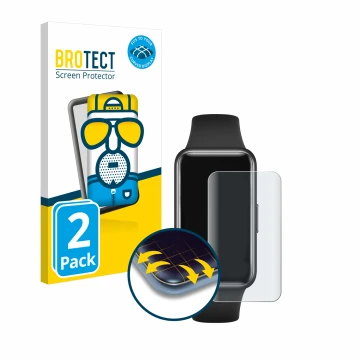 Vorderseite einer Produktverpackung mit dem Markenlogo BROTECT. Daneben ist das Gerät Huawei Band 7 mit dem zugehörigen Displa