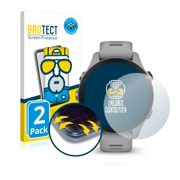 Vorderseite einer Produktverpackung mit dem Markenlogo BROTECT. Daneben ist das Gerät Garmin Forerunner 255S mit dem zugehörig