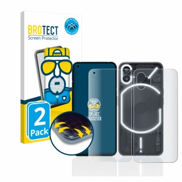 Vorderseite einer Produktverpackung mit dem Markenlogo BROTECT. Daneben ist das Gerät Nothing Phone (1) (Display+Rückseite) mi