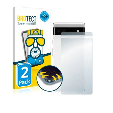 Vorderseite einer Produktverpackung mit dem Markenlogo BROTECT. Daneben ist das Gerät Google Pixel 6a (Rückseite) mit dem zuge