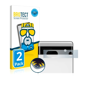 Vorderseite einer Produktverpackung mit dem Markenlogo BROTECT. Daneben ist das Gerät Google Pixel 6a (NUR Kameraschutz) mit d