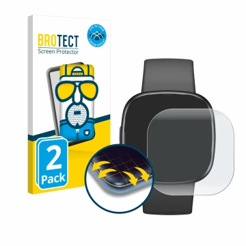Vorderseite einer Produktverpackung mit dem Markenlogo BROTECT. Daneben ist das Gerät Fitbit Sense 2 mit dem zugehörigen Displ