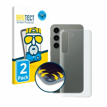 Vorderseite einer Produktverpackung mit dem Markenlogo BROTECT. Daneben ist das Gerät Samsung Galaxy S23 (Rückseite) mit dem z